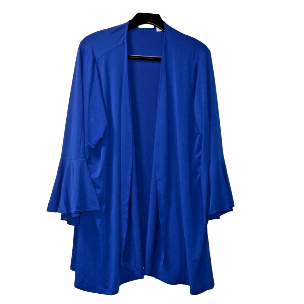SUSAN GRAVER Everyday Liquid Knit Cardigan w/Bell Sleeves 3X Moroccan Blue